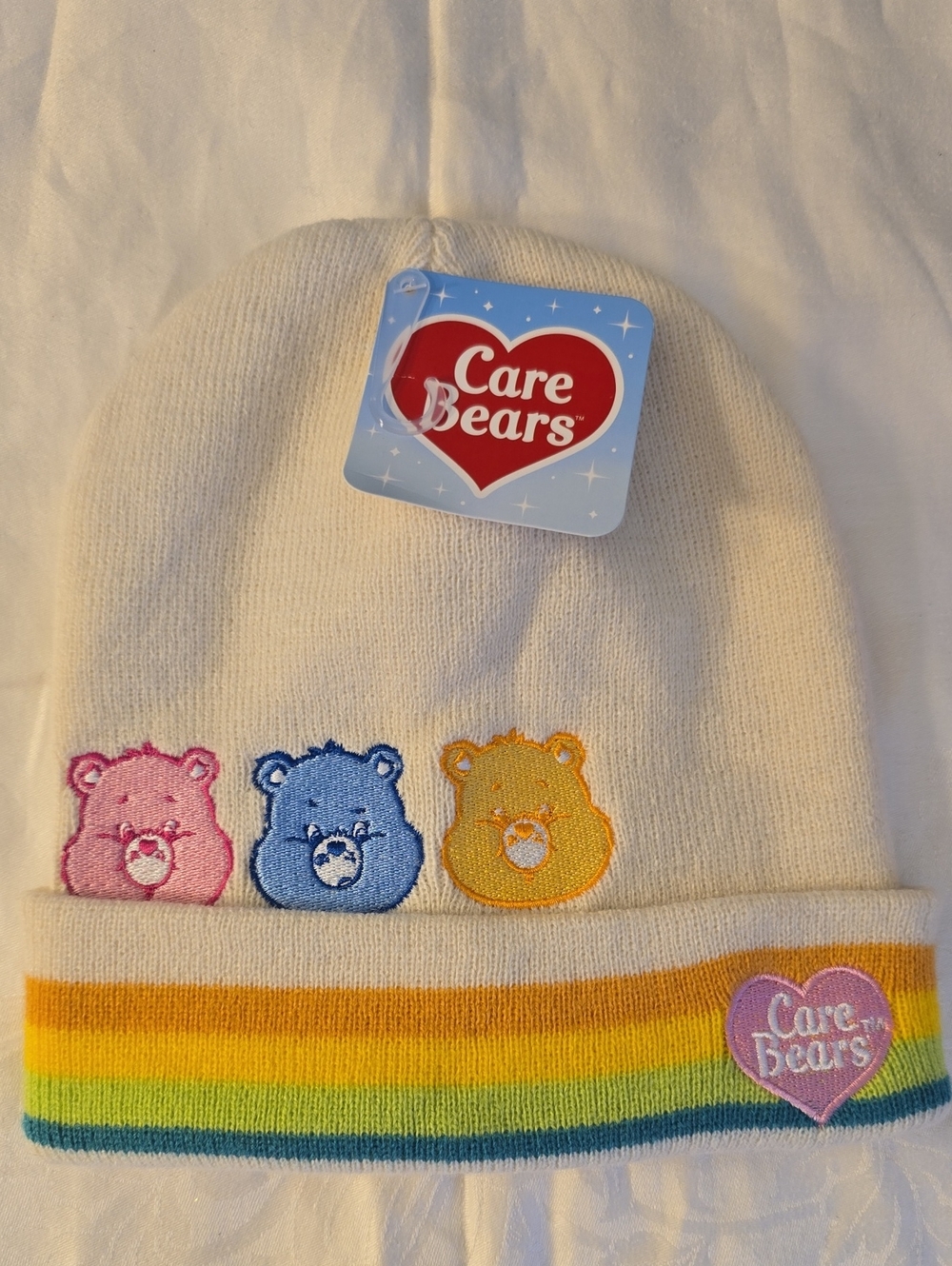 Care Bears Cream Beanie with Rainbow Stripe and Embroidered Bears New